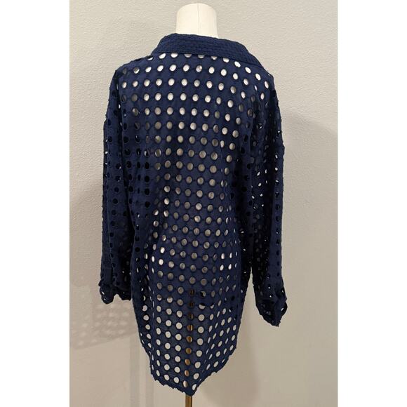 ADIVA Navy Blue Eyelet Holes Button Down Oversized Boho Beach Cover Up Top Large - Picture 2 of 7